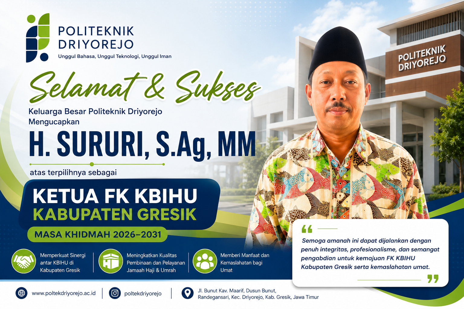 Politeknik Driyorejo Sampaikan Ucapan Selamat kepada Ketua Terpilih FK KBIHU Kabupaten Gresik Masa Khidmah 2026–2031
